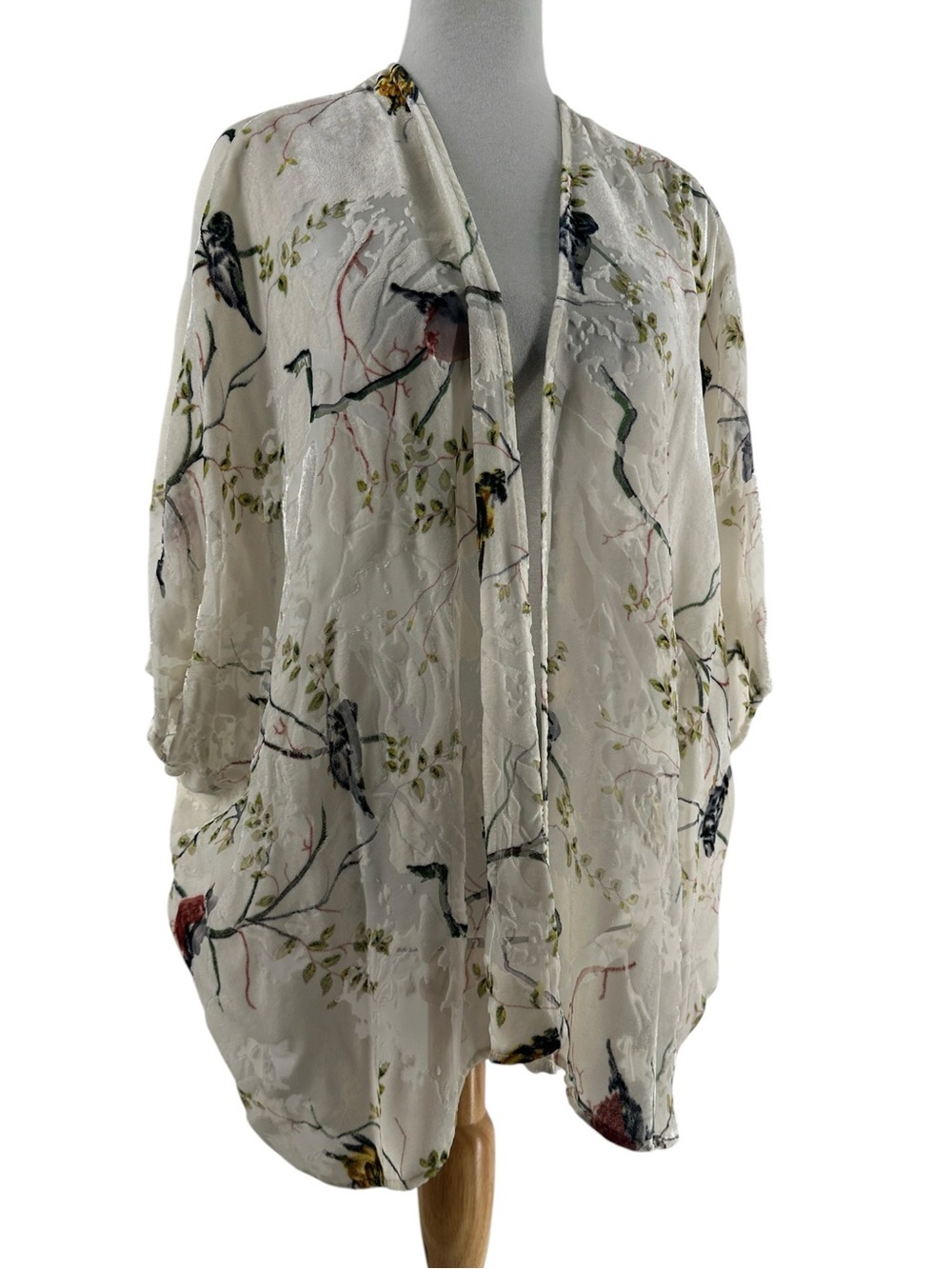 Forever 21 velvet burnout open front cardigan floral bird nature oversize sz sm